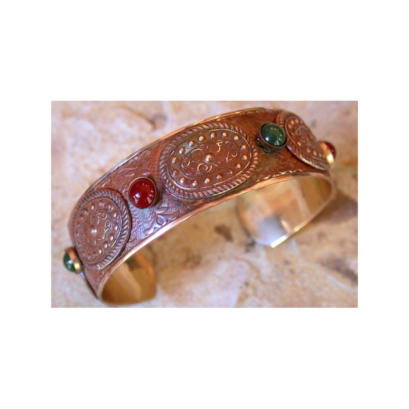 VNE6788bc  Earth Patina Brass Vintage Moroccan Motif Cuff - Carnelian, Jade
