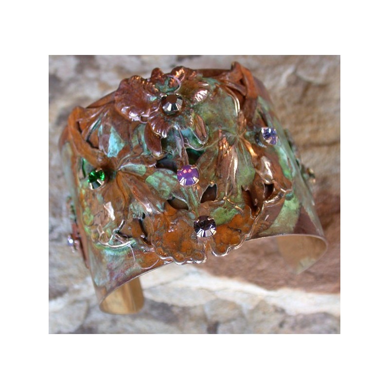 NAO90cf Olive Patina Brass Orchid Floral Cuff - Swarovski Crystals
