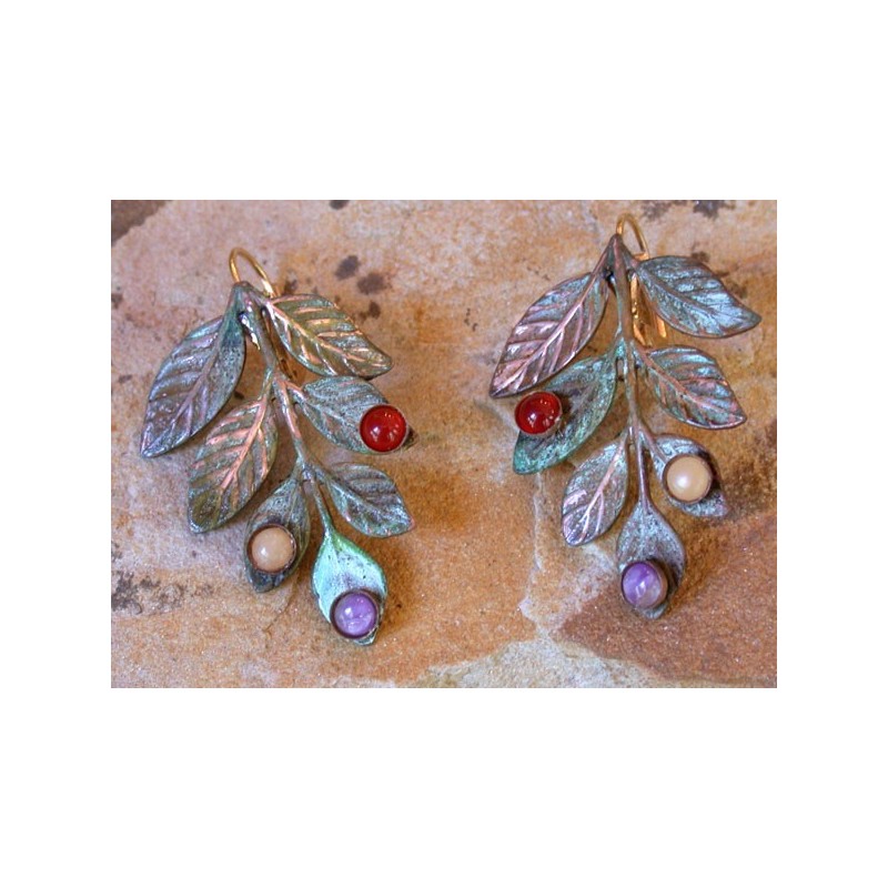 NAO2969e Olive Patina Solid Brass Bayberry Branch Earrings - Aragonite, Carnelian, Chariote