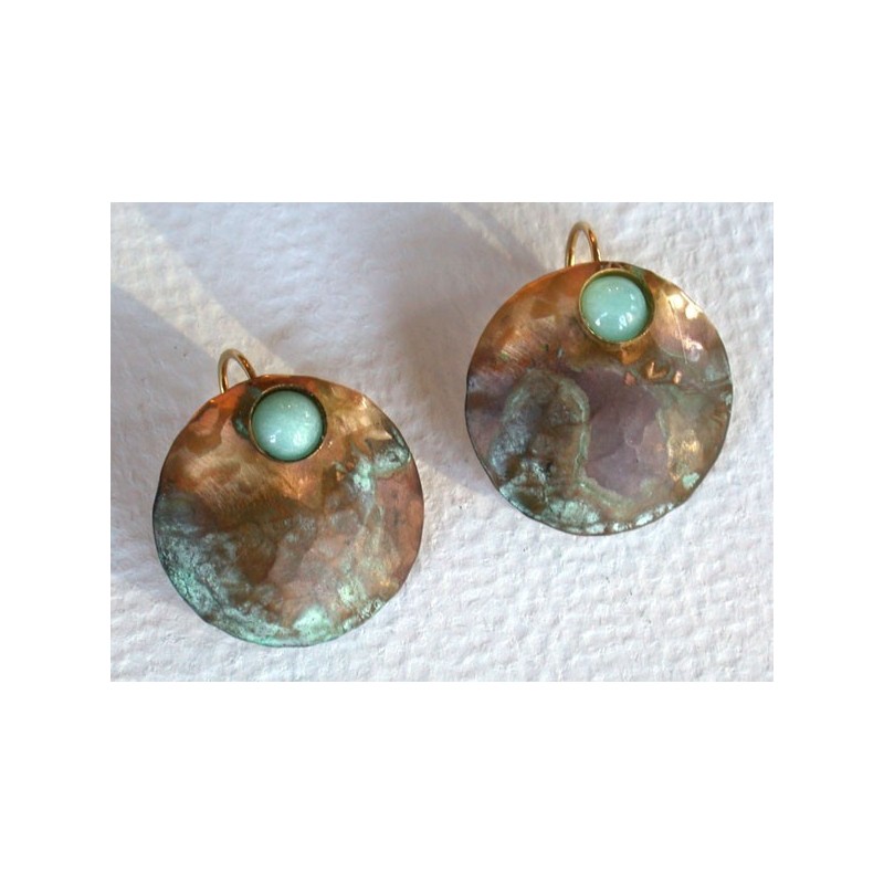 TDP 482e Verdigris Patina Hand Hammered Textured Brass Earrings - Light Amazonite