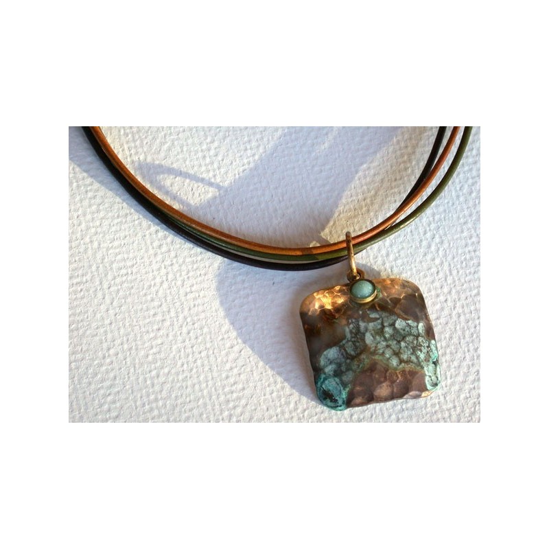 TDP 43pd Verdigris Patina Hand Hammered Textured Brass Tag Pendant on Tri-color Rawhide - Light Amazonite