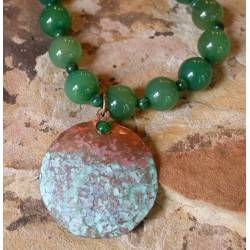 TDP 4230nJD Verdigris Patina Hand Hammered Brass Large Circle Necklace -  Green Jade