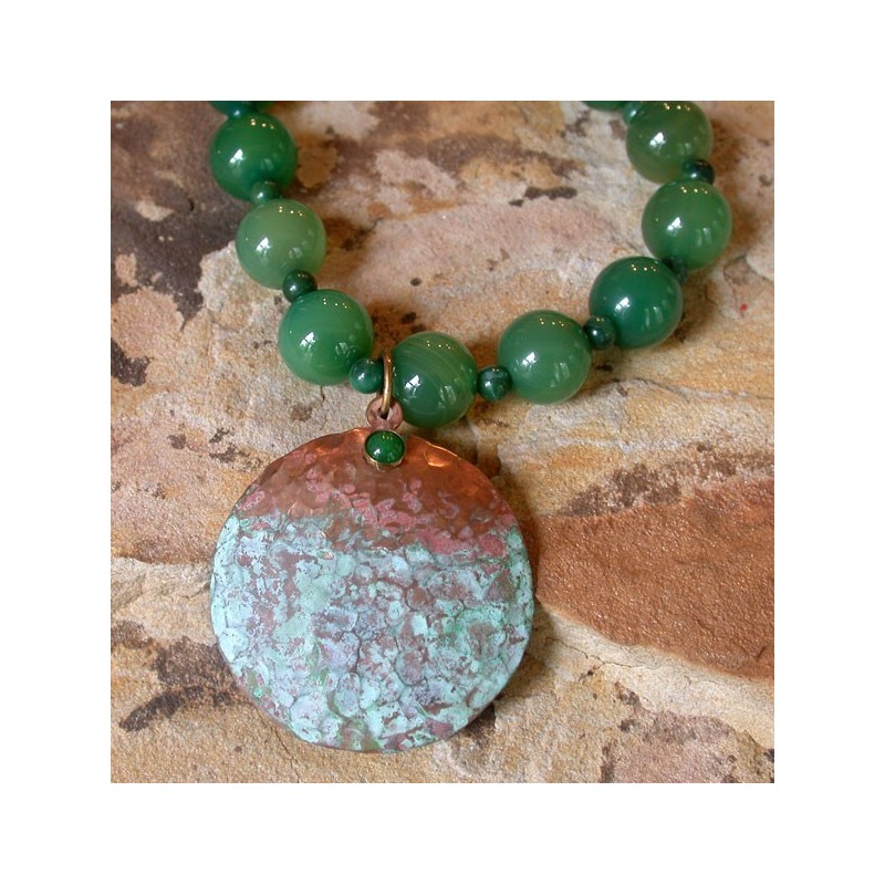 TDP 4230nJD Verdigris Patina Hand Hammered Brass Large Circle Necklace -  Green Jade
