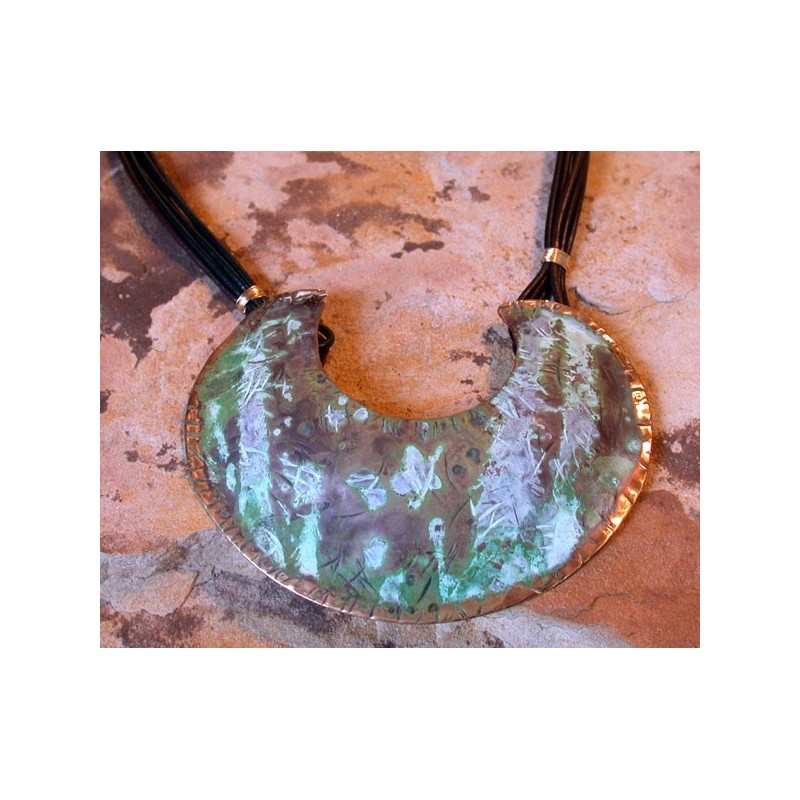 TTP 293pdSP  Verdigris Splash Patina Solid Brass Textured Tealeaf Contemporary Classic Large C Pendant - 6 Strand Rawhide 