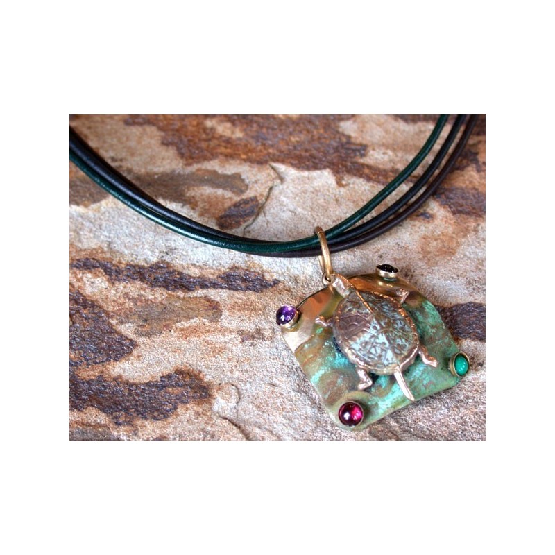Etched Patina Solid Brass Box Turtle Pendant - Amethyst, Garnet, Malachite, Onyx