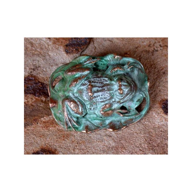 ECP 331p  Verdigris Patina Solid Brass Frog on Waterlillies Pin 