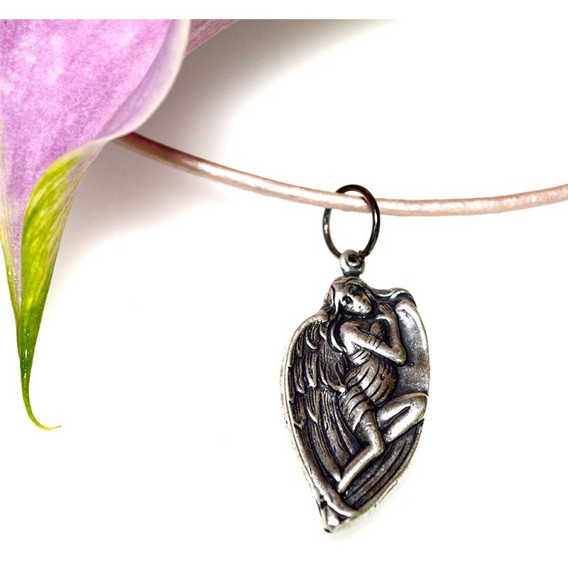 Mirror Antiqued Silver  Angel of Hope Pendant on Rawhide