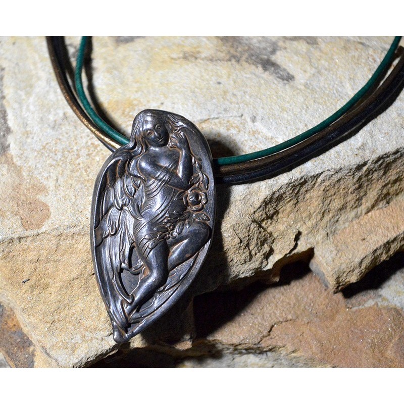 Antique Rust Black Winged Angel Of Hope Pendant on Rawhide