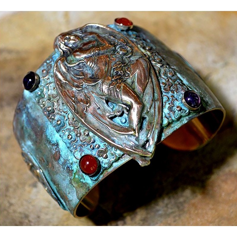 Olive Patina Brass Winged Angel Of Hope Cuff Bracelet - Carnelian, Amethyst