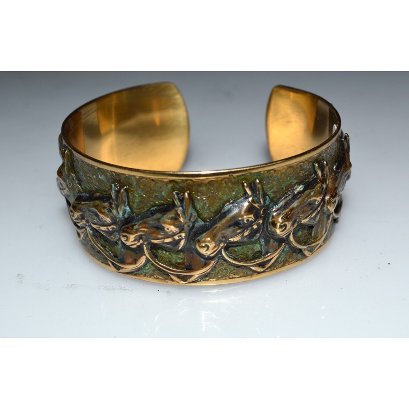 Olive Patina Solid Brass Horse Heads Equestrian Cuff