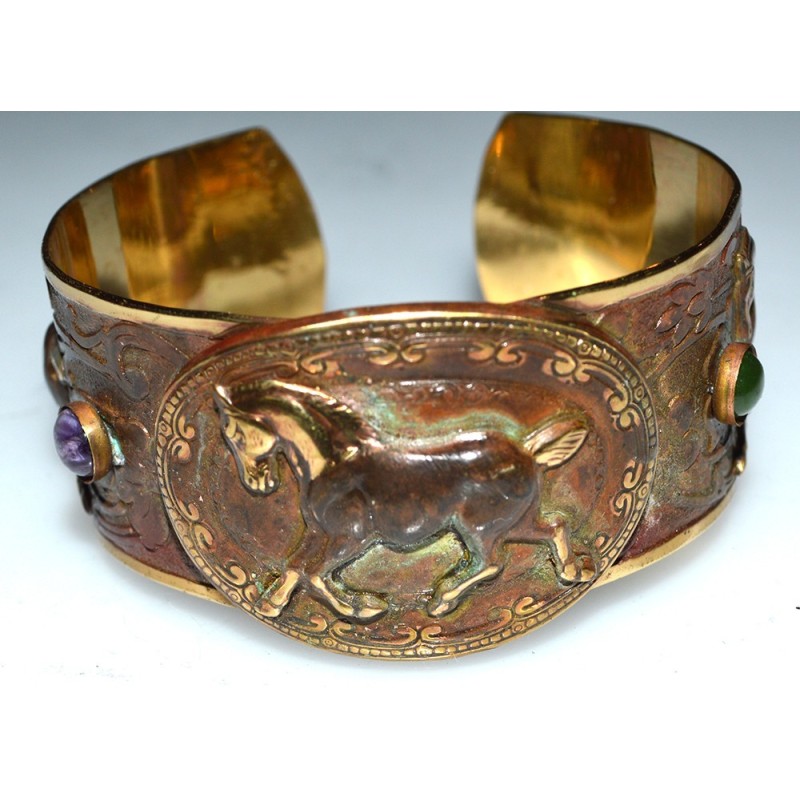 Earth Patina Solid Brass Trotting Show Horse Equestrian Cuff - Charoite, Jade