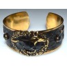 Gunmetal Solid Brass Galloping Wild Horse Equestrian Cuff with Floral Motif - Hematite, Onyx