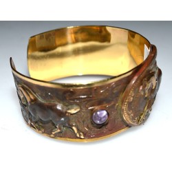 Earth Patina Solid Brass Trotting Show Horse Equestrian Cuff - Charoite, Jade