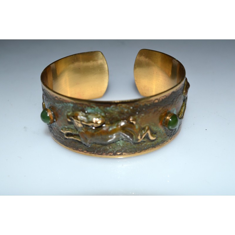 Olive Patina Solid Brass Running Rabbit Cuff - Jade