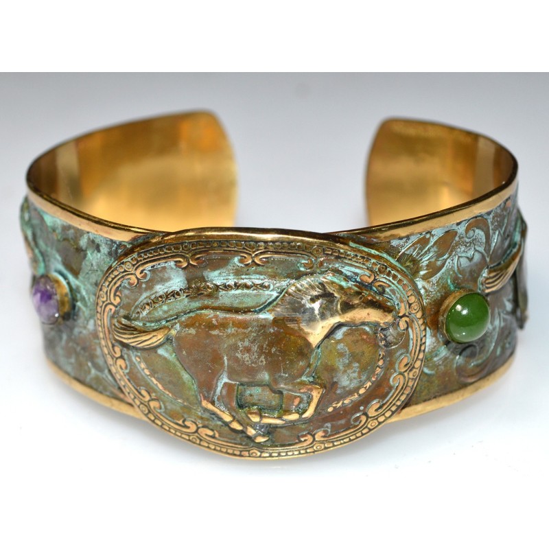 Running Mustang Patina Cuff Bracelet with Charoite, Jade