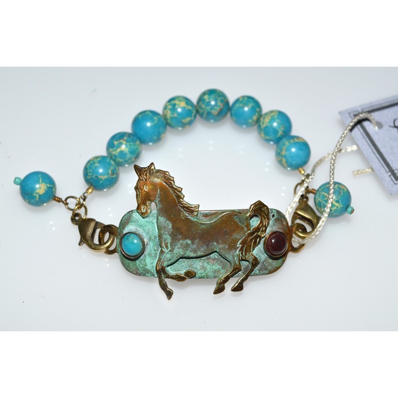 Verdigris Patina 70's Stylized Horse Equestrian Rockband Bracelet - Bracciated Jasper, Turquoise