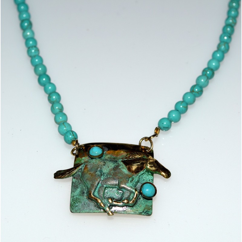 Verdigris Patina Solid Brass Wild Galloping Mustang Necklace - Turquoise