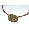 Earth Patina Solid Brass Galloping Horse with Floral Motif Pendant on Double Rawhide - Chariote, Jasper