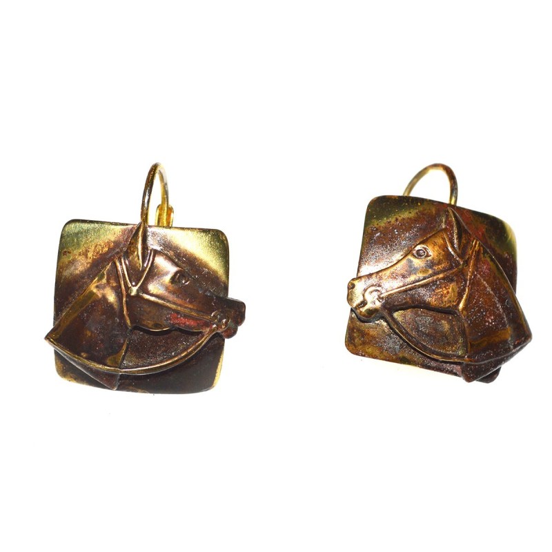 Earth Patina Brass Horse Head on Square Earrings