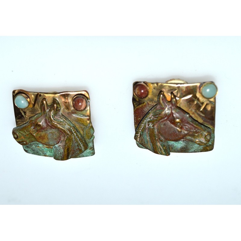 Verdigris Patina Textured Horse Head on Clip Earrings - Amazonite, Jasper