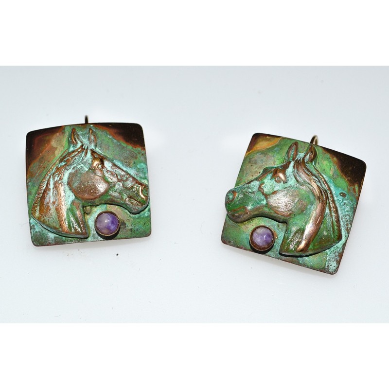 Verdigris Patina Brass Horse Head on Square Earrings - Charoite