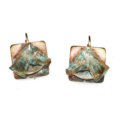 Verdigris Patina Brass Horse Head on Square Earrings