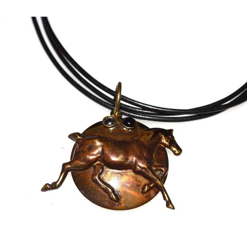 Earth Patina Running Horse Pendant on Tri-color Rawhide - Hematite, Onyx