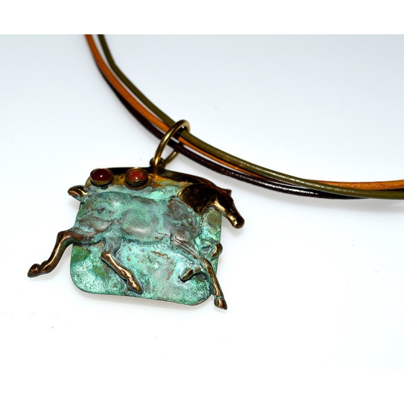 Verdigris Patina Running Horse Pendant on Tri-color Rawhide - Carnelian, Jasper