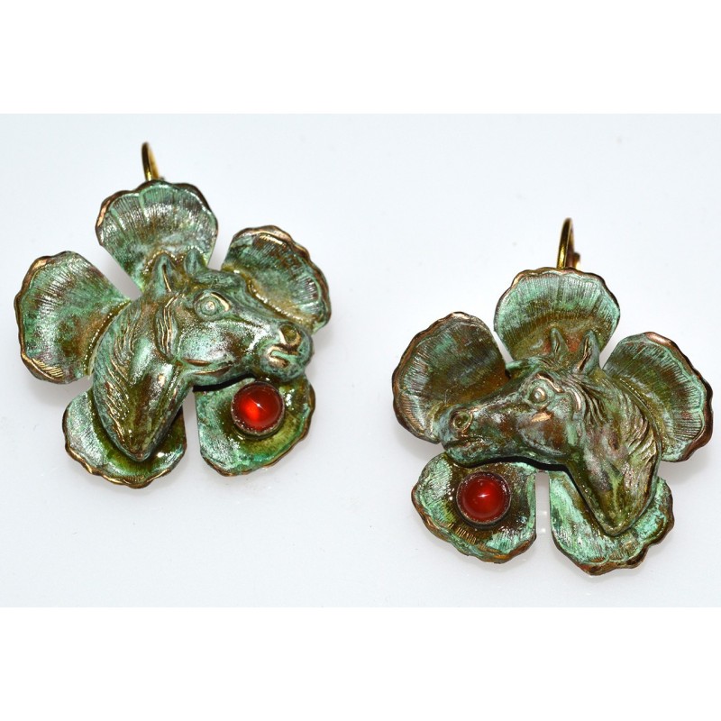 Verdigris Patina Solid Brass Horse Head on Flower Earrings - Carnelian