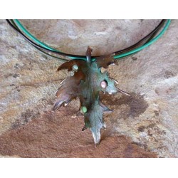 NO8520pd Olive Patina Brass Sculptural Leaf Pendant - Rhodochrosite, Variscite 