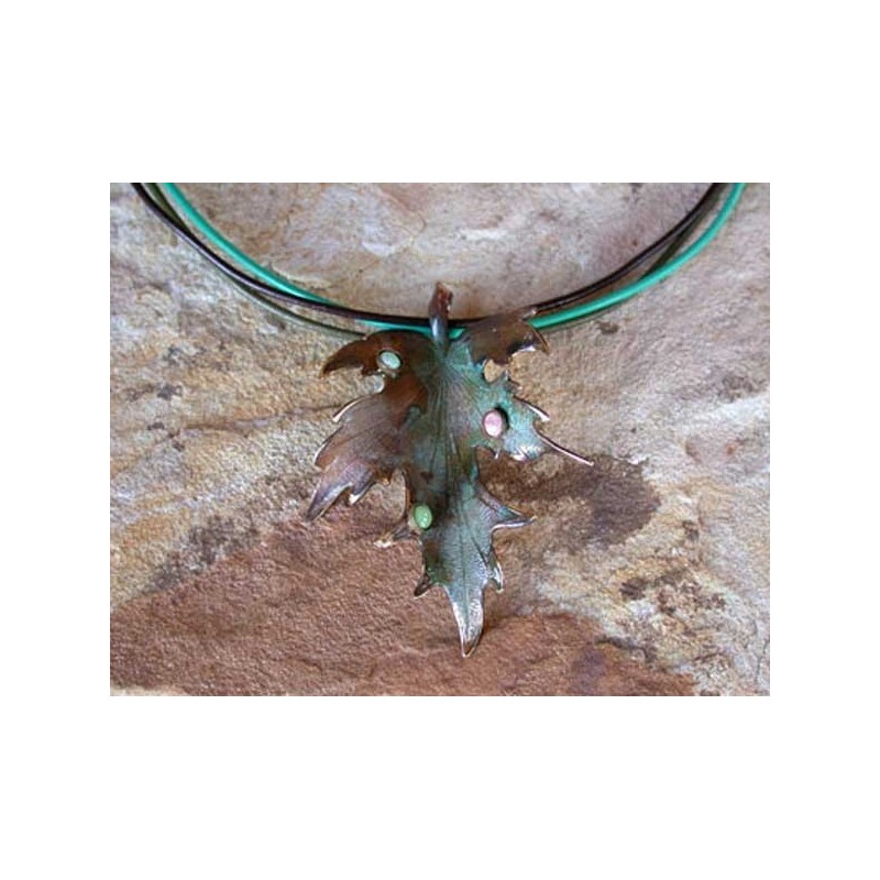 NO8520pd Olive Patina Brass Sculptural Leaf Pendant - Rhodochrosite, Variscite 