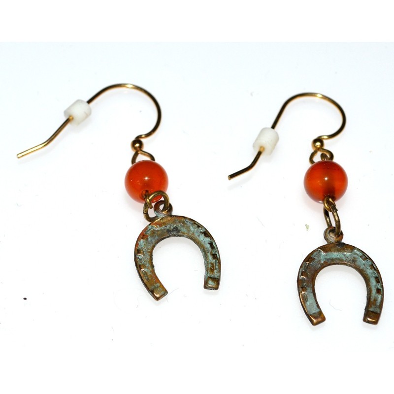 Verdigris Patina Brass Small Horseshoe Dangle Earrings - Carnelian