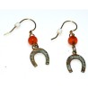 Verdigris Patina Brass Small Horseshoe Dangle Earrings - Carnelian
