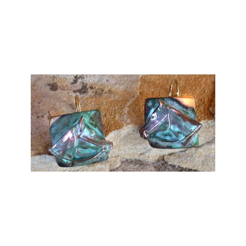 Verdigris Patina Brass Horse Head on Square Earrings