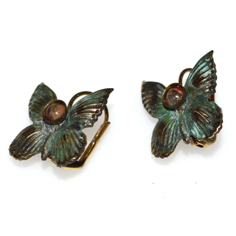 Verdigris Patina Brass Butterfly Earrings - Charoite Semi-Precious Stones