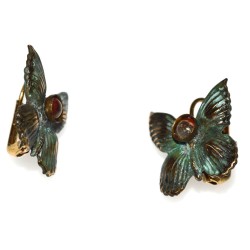 Verdigris Patina Brass Butterfly Earrings - Charoite Semi-Precious Stones
