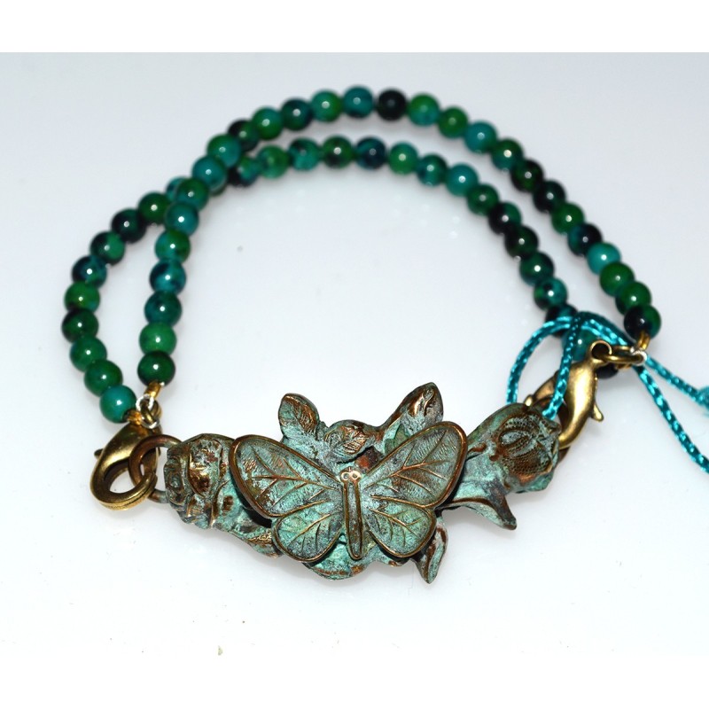 Verdigris Patina Brass Zen Garden Sculptural Butterfly on Roses Interchangeable Rockband Bracelet