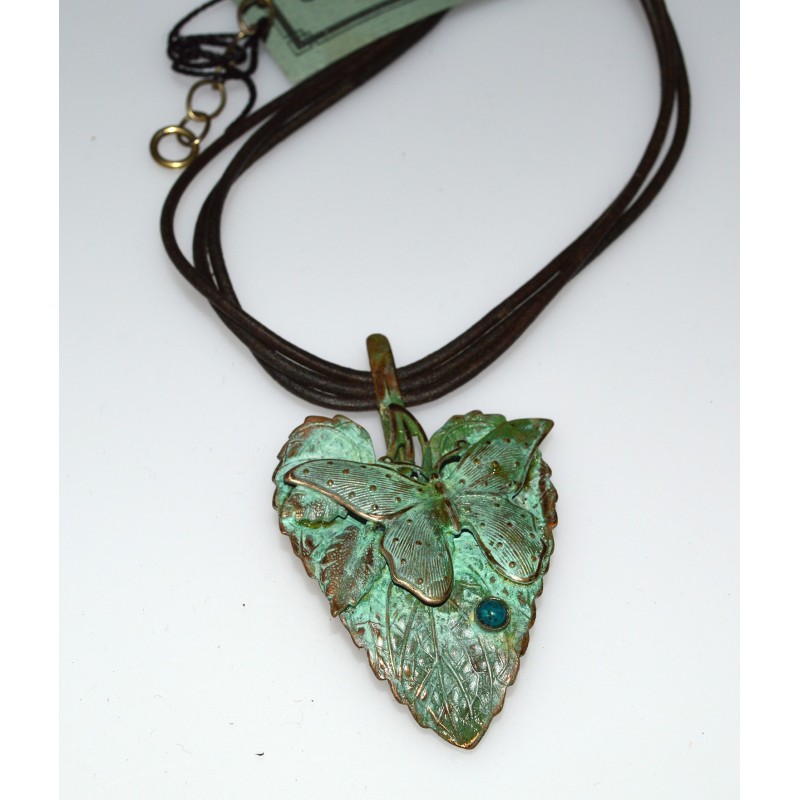 Verdigris Patina Brass Butterfly on Leaf Pendant - Chrysocolla