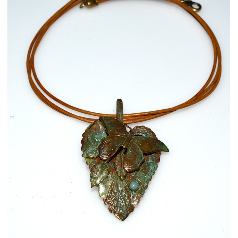 Verdigris Patina Brass Butterfly on Leaf Pendant - Lt Amazonite