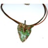 Verdigris Patina Brass Butterfly on Leaf Pendant - Lt Amazonite on Tri-Rawhide