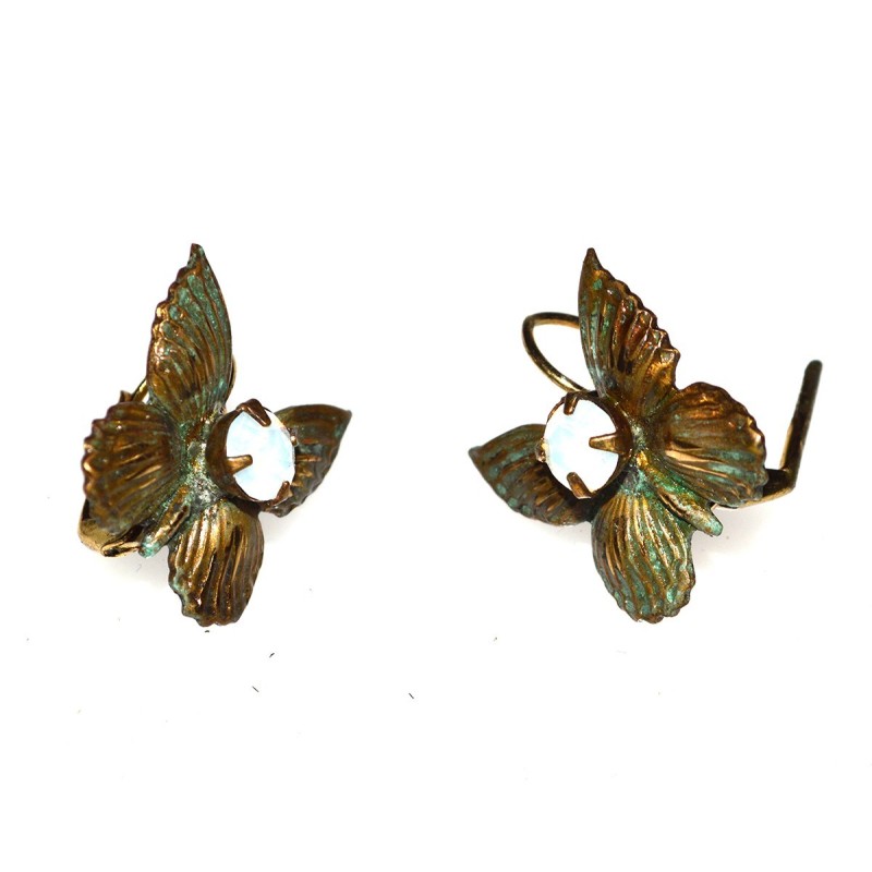 Verdigris Patina Solid Brass Vintage Motif Flower Earrings - White Opal European Crystals