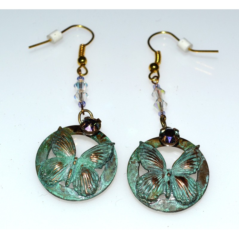 Verdigris Patina Solid Brass Delicate Butterfly on Circle Earrings - European Crystals