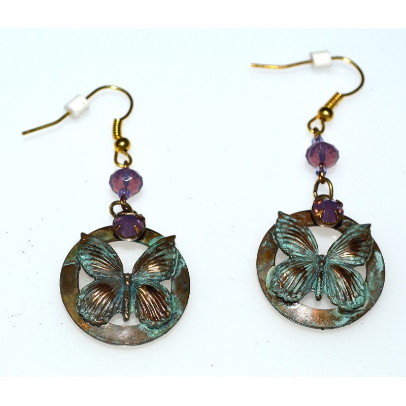 Verdigris Patina Solid Brass Delicate Butterfly on Circle Earrings - Violette Opal Crystalss - European Crystals