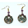 Verdigris Patina Solid Brass Delicate Butterfly on Circle Earrings - Violette Opal Crystalss - European Crystals
