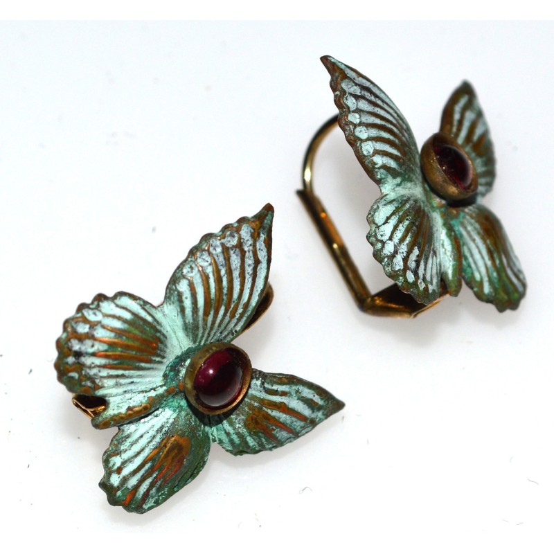 Verdigris Patina Brass Butterfly Earrings - Genuine Amethyst Semi-Precious Stones