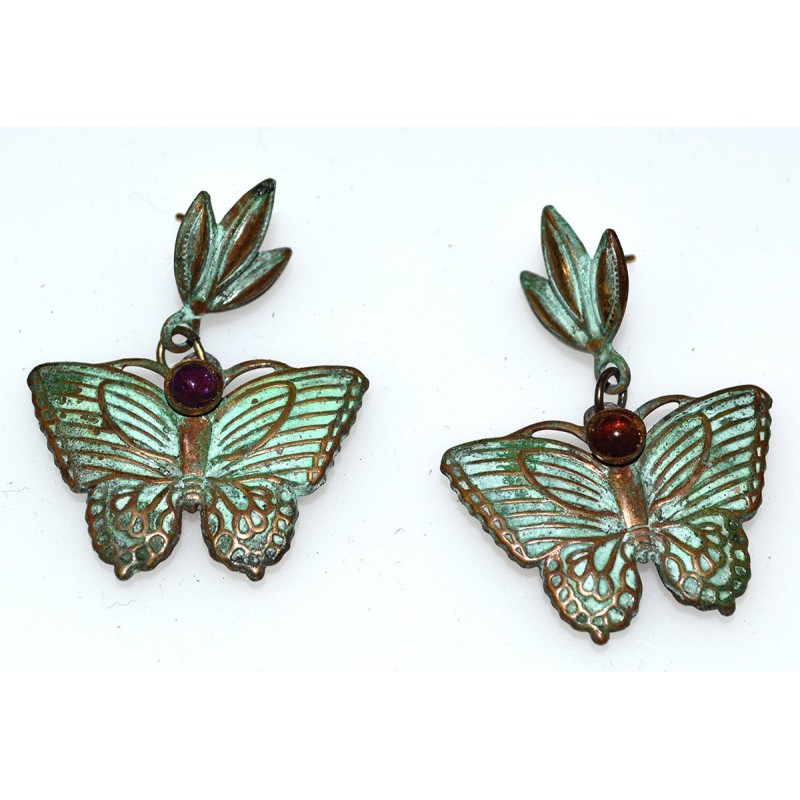 Verdigris Patina Solid Brass Butterfly Dangle Earrings - Amethyst