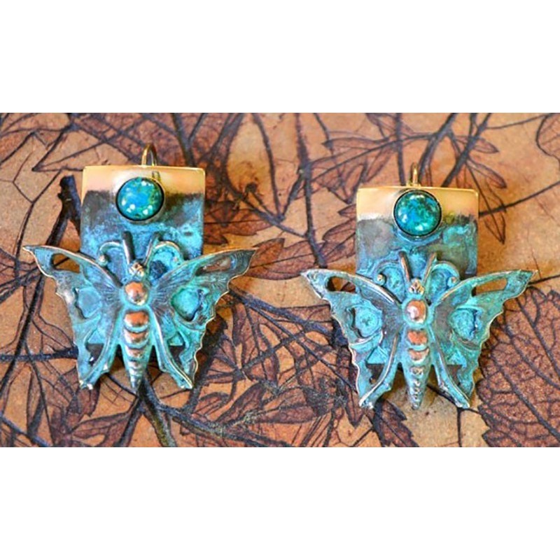 Verdigris Patina Solid Brass Butterfly Earrings - Chrysocolla