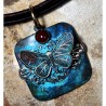 Verdigris Patina Brass Sculptural Butterfly on Filigree Pendant - Jasper