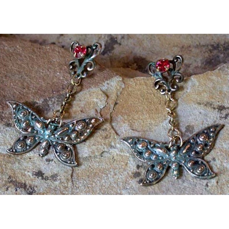 Verdigris Patina Solid Brass Baroque Butterfly Dangle Earrings - Indian Pink Swarovski Crystals