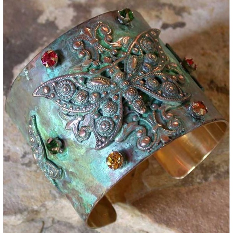 Verdigris Patina Solid Brass Baroque Butterflies Wide Cuff - Swarovski Crystals